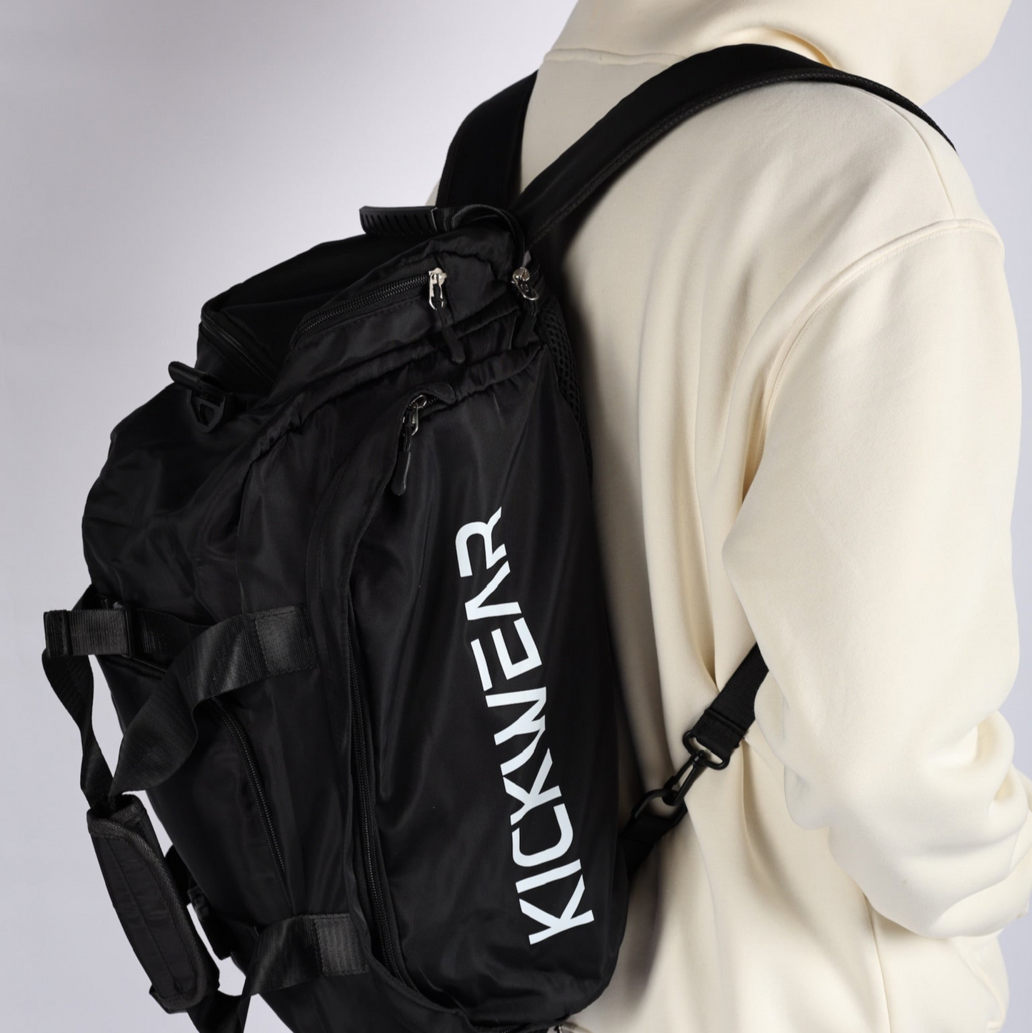 Black Kickwear Convertible Large Duffel Backpack Removable Straps on Model