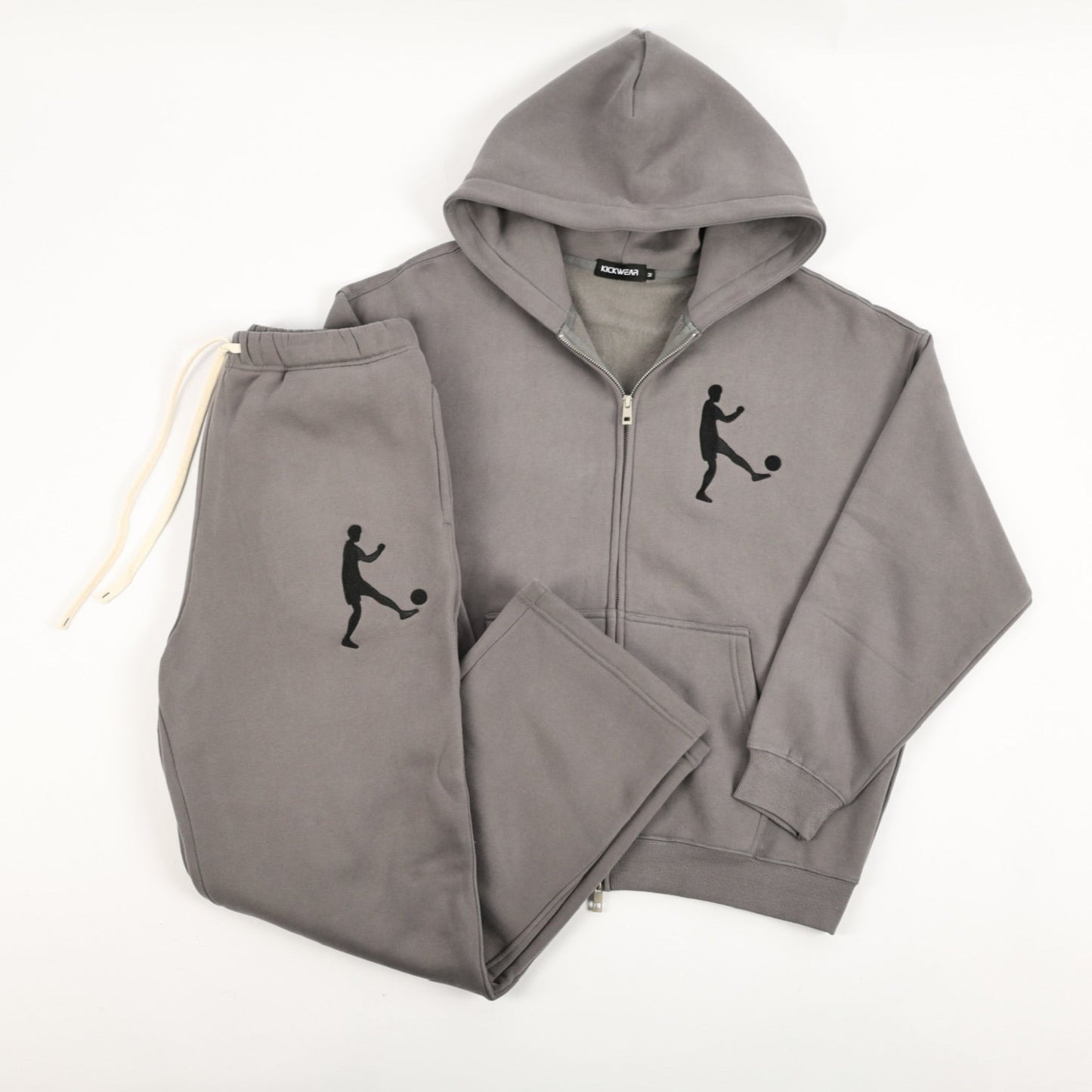 Kickwear essential comfy grey zip-up hoodie black kickman logo sweats set with grey straight cut wide leg joggers