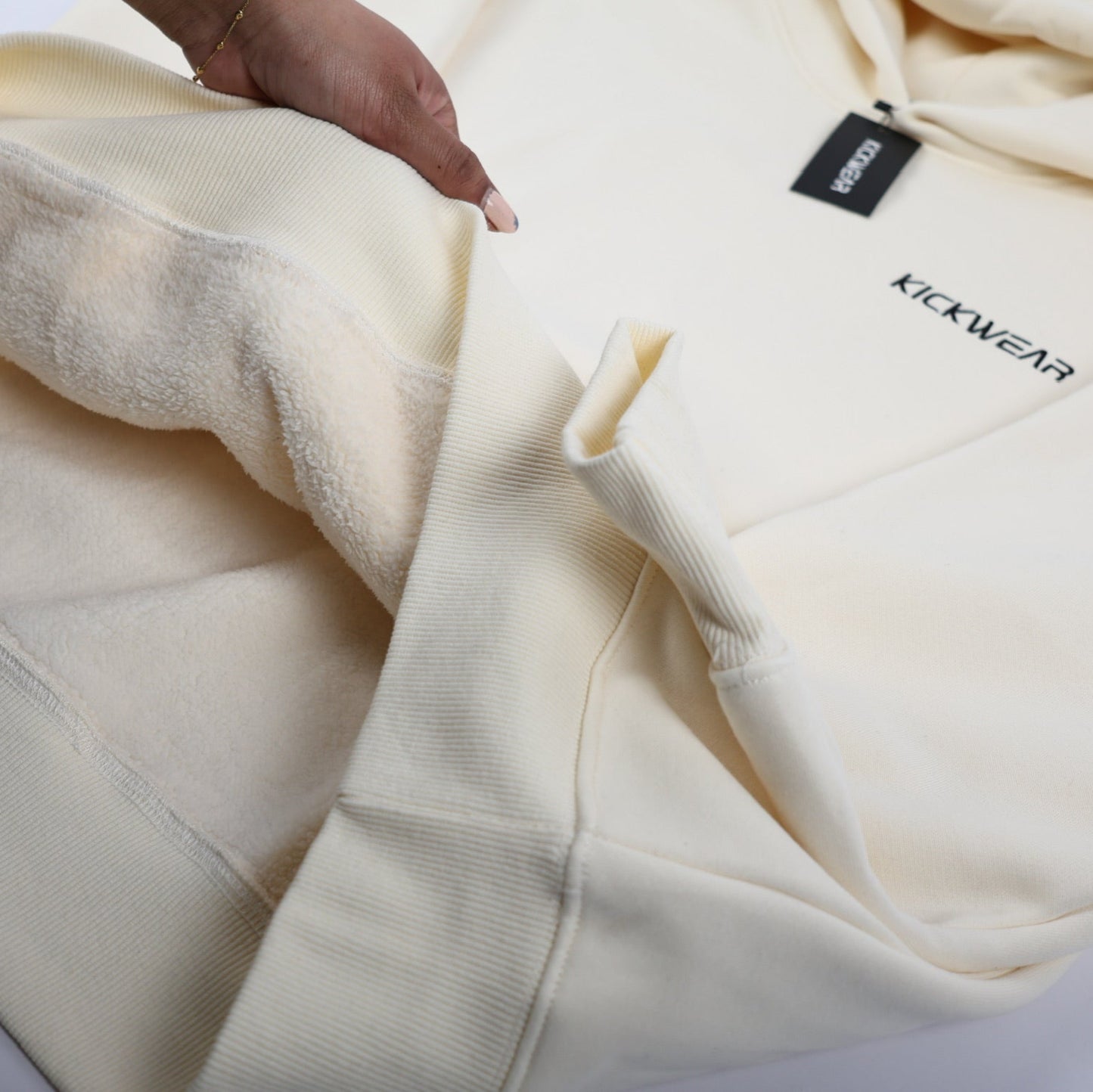 Kickwear Pitchside Fleece Off While Essentials Comfy Lining Warm Lounge Hoodie Pullover White Logo Cuff Sleeves Interior