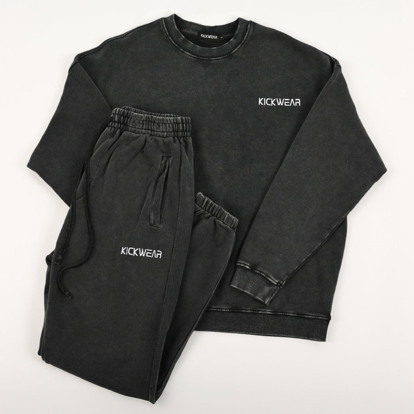 Essentials Acid Wash Comfy Sideline Cozy Crew in Black Crewneck Set Terry Cotton Lining with Classic Elastic Joggers