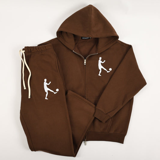 Kickwear brown joggers grey zip-up hoodie kickman logo straight cut sweats set