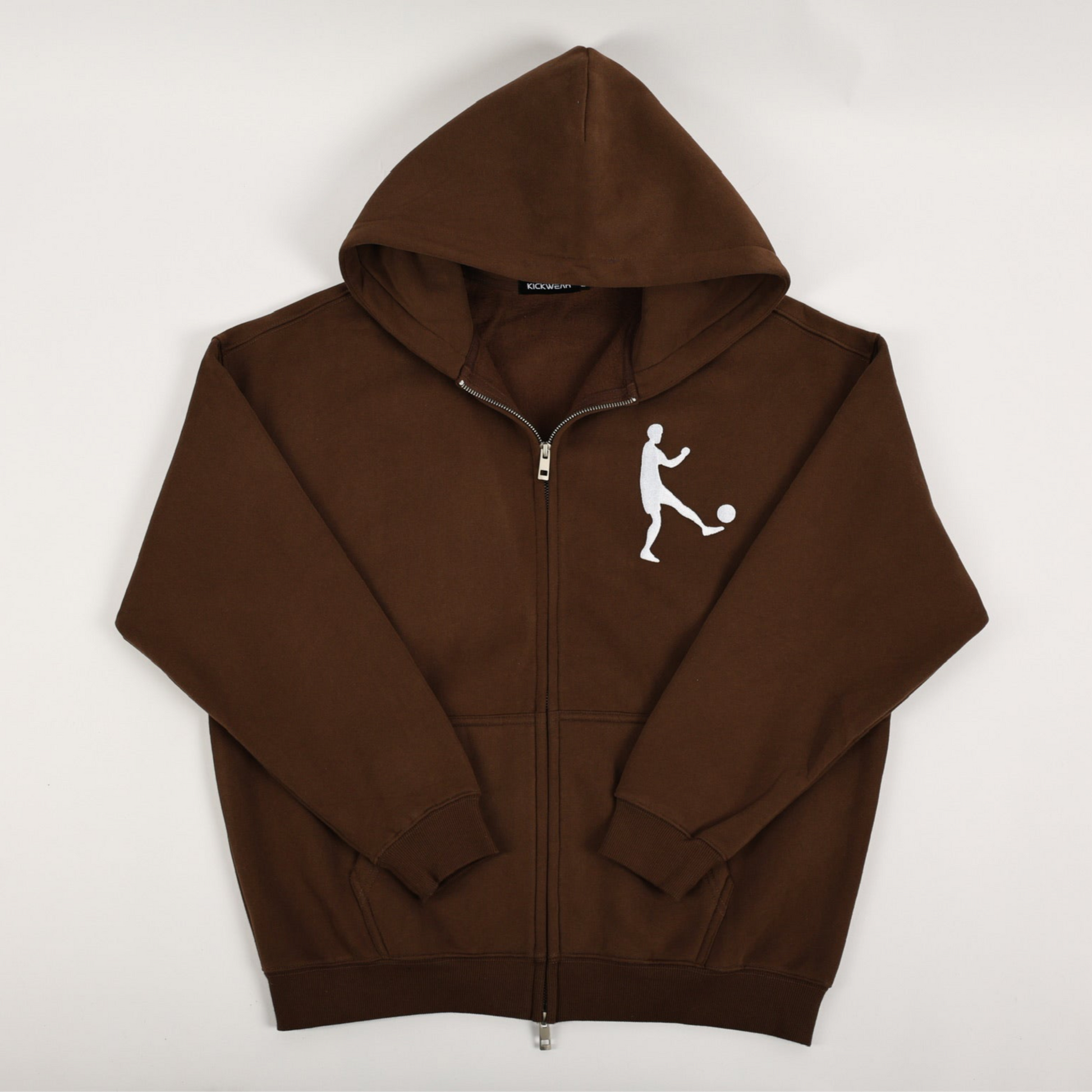Kickwear essential comfy brown zip-up hoodie white kickman logo sweats