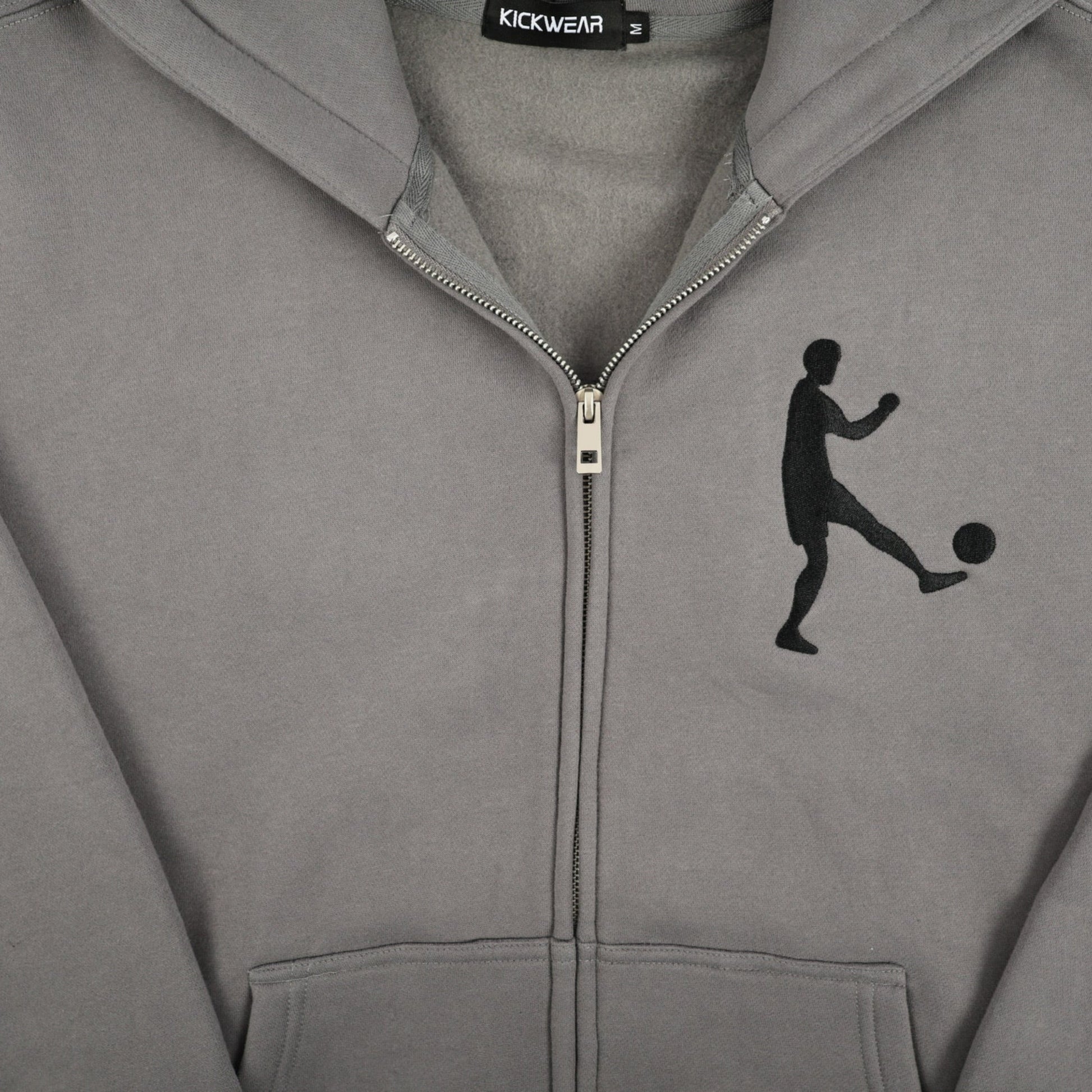 Kickwear comfy grey zip-up hoodie black kickman logo sweats close up details