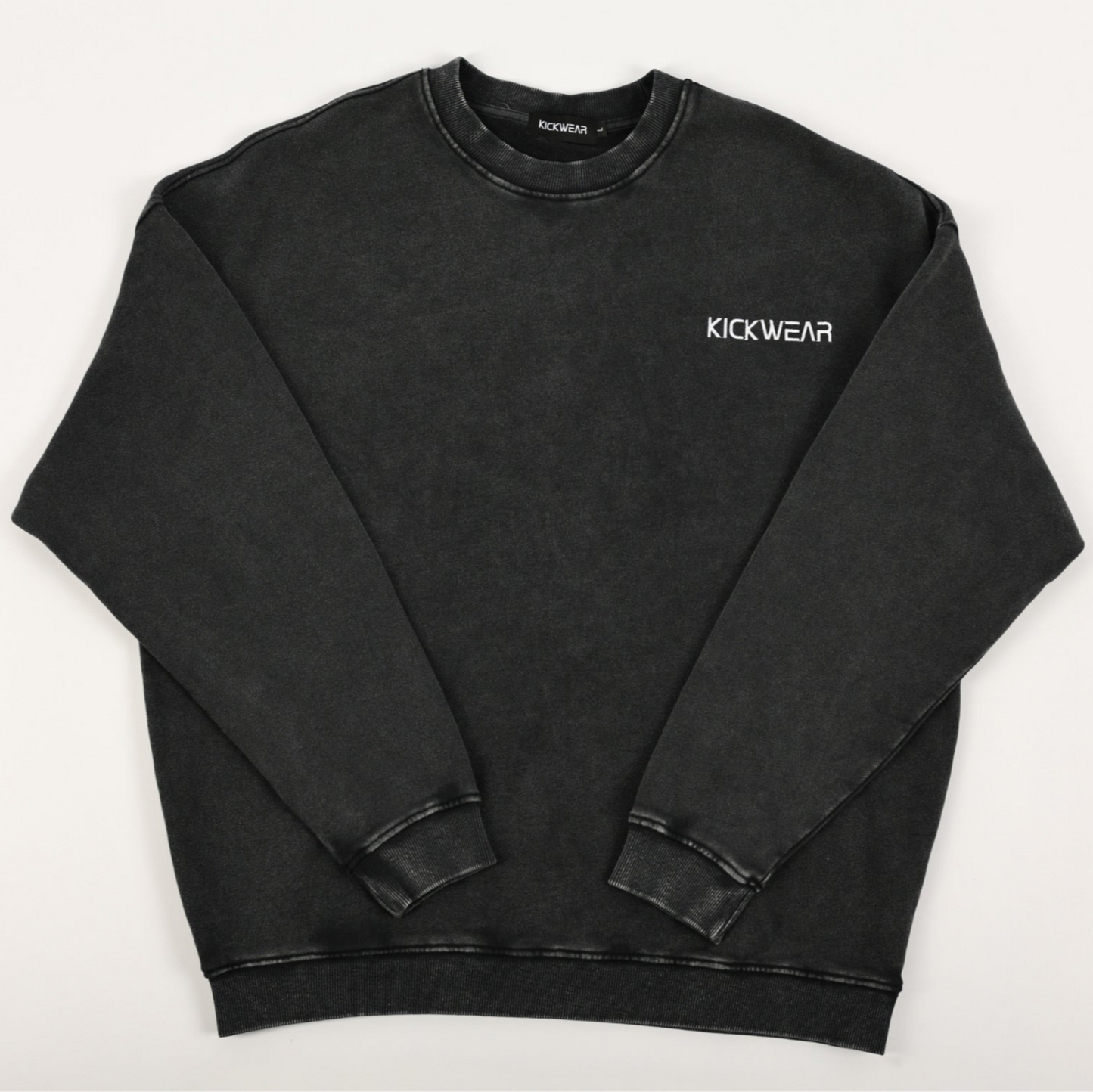 Acid Wash Texture Black Oversized Drop Shoulder Comfy Crew Neck terry cotton with cuffed sleeves kickwear logo