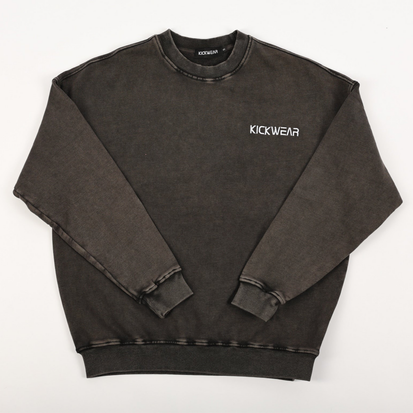 Acid Wash Texture Dark Taupe Oversized Drop Shoulder Comfy Crew Neck terry cotton with cuffed sleeves kickwear logo
