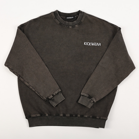 Acid Wash Texture Dark Taupe Oversized Drop Shoulder Comfy Crew Neck terry cotton with cuffed sleeves kickwear logo