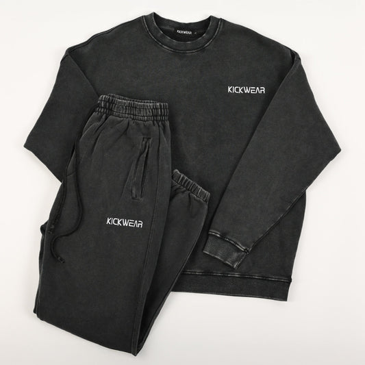 Essentials Acid Wash Comfy Sideline Cozy Crew in Black Crewneck Set Terry Cotton Lining with Classic Elastic Joggers